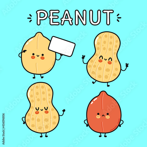 Funny cute happy Peanut characters bundle set. Vector kawaii line cartoon style illustration. Cute Peanut mascot character collection
