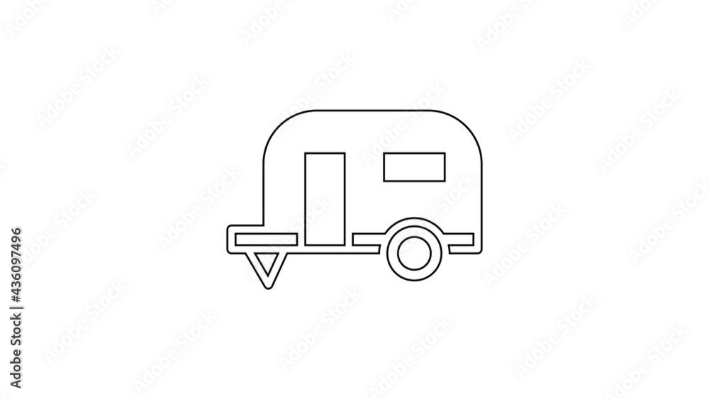 Black line Rv Camping trailer icon isolated on white background. Travel mobile home, caravan, home camper for travel. 4K Video motion graphic animation Black line Rv Camping trailer icon isolated on white background. Travel mobile home, caravan, home camper for travel. 4K Video motion graphic animation