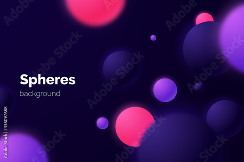 Abctract simple background with pink and purple matte spheres isolated on dark. Banner design with floating bubbles in 3d style. Vector illustration.