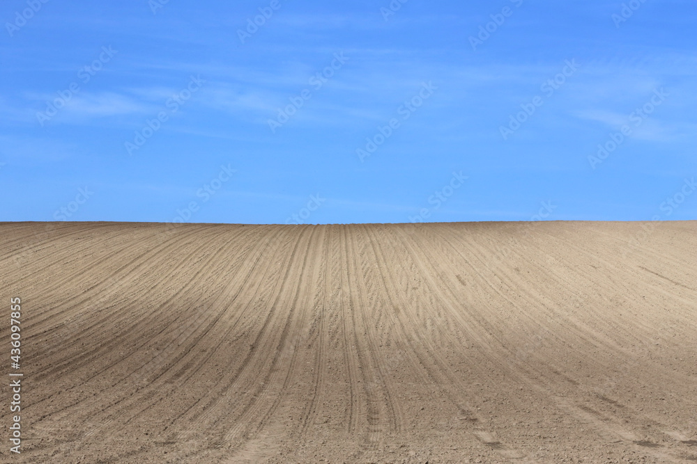 Landscape agricultural land in slope recently plowed for the crop Landscape agricultural land in slope recently plowed for the crop