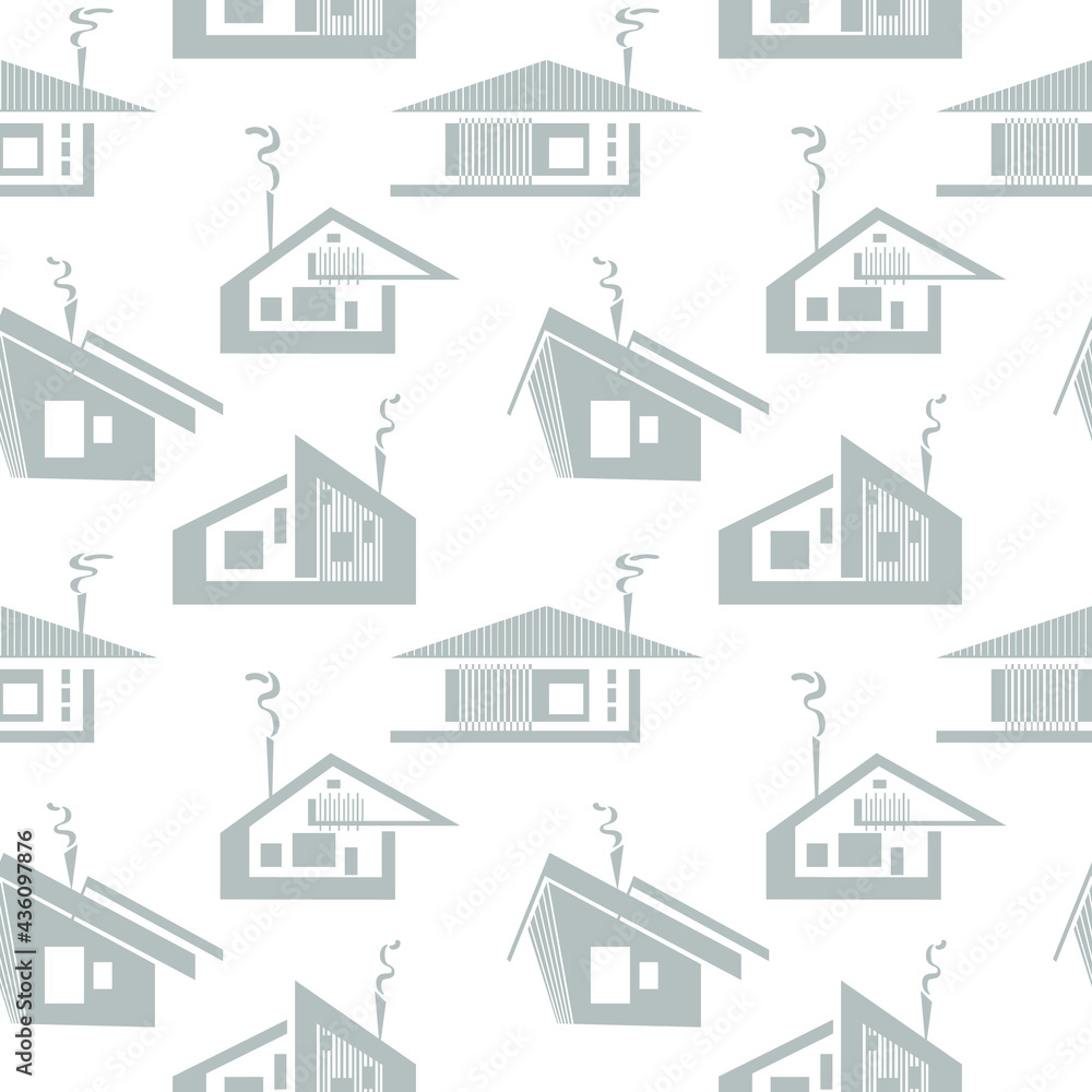 Seamless architecture pattern. Silhouette houses and trees VECTOR ILLUSTRATION on violet background.