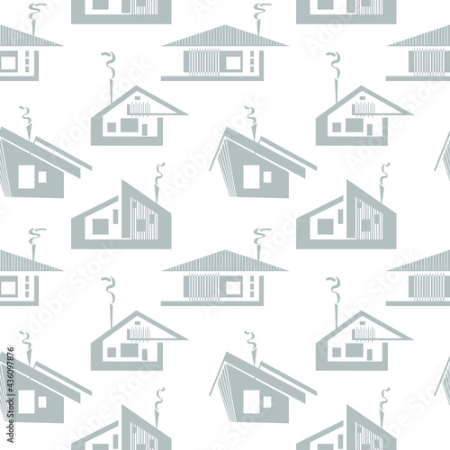 Seamless architecture pattern. Silhouette houses and trees VECTOR ILLUSTRATION on violet background. © Alexandra