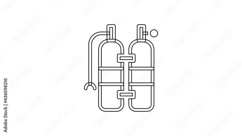 Black line Aqualung icon isolated on white background. Oxygen tank for diver. Diving equipment. Extreme sport. Sport equipment. 4K Video motion graphic animation Black line Aqualung icon isolated on white background. Oxygen tank for diver. Diving equipment. Extreme sport. Sport equipment. 4K Video motion graphic animation