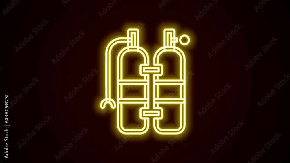 Glowing neon line Aqualung icon isolated on black background. Oxygen tank for diver. Diving equipment. Extreme sport. Sport equipment. 4K Video motion graphic animation Glowing neon line Aqualung icon isolated on black background. Oxygen tank for diver. Diving equipment. Extreme sport. Sport equipment. 4K Video motion graphic animation