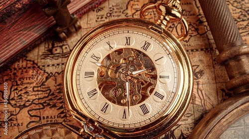 Vintage pocket watch. Vintage background Concept of time history. photo