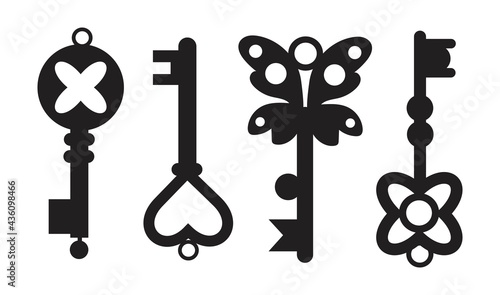 Beautiful silhouettes of keys from door locks. Flat style illustration. photo