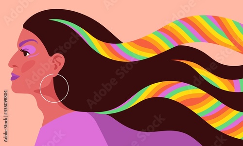 Concept vector illustration for LGBTQ rights, gender equity, human rights, equality, against violence, homophobia. Profile of proud Drag queen, woman. Rainbow in her hair, positive look to the future