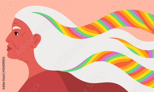 Concept vector illustration for LGBTQ rights, gender equity, human rights, equality, against violence, homophobia. Profile of proud elderly woman with rainbow in her hair, positive look to the future