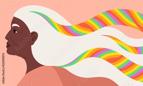 Concept vector illustration for LGBTQ rights, gender equity, human rights, equality, against violence, homophobia. Profile of proud old African woman. Rainbow in her hair, positive look to the future