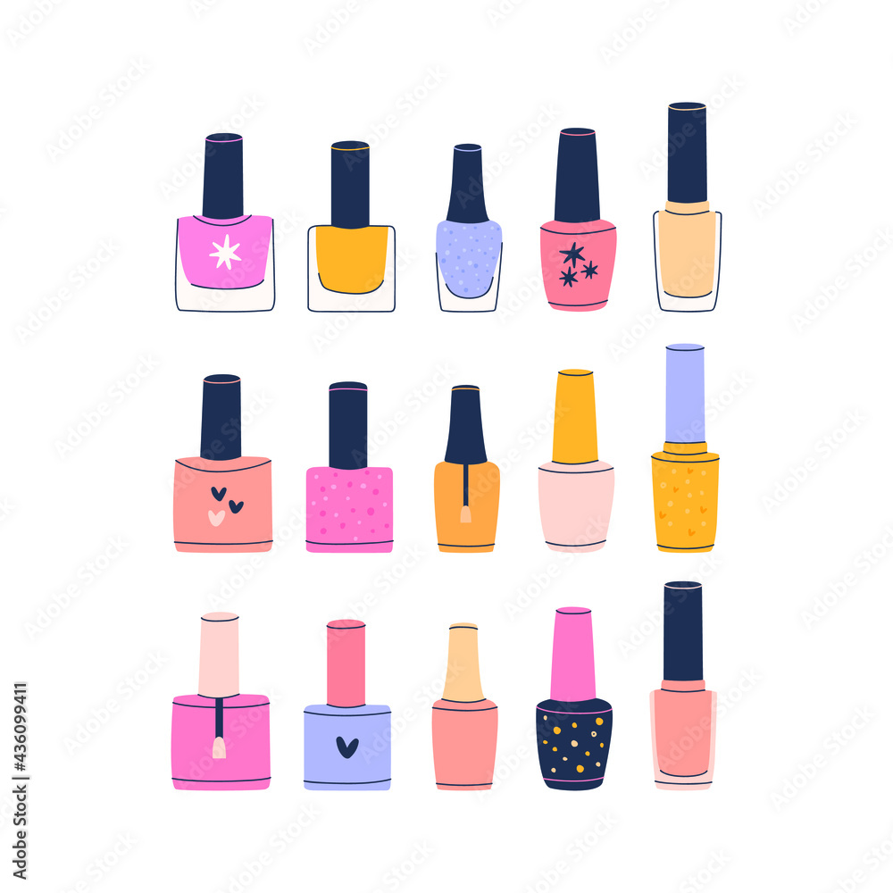 Large flat vector cartoon nail polish set. Isolated design on a white background. Large flat vector cartoon nail polish set. Isolated design on a white background.