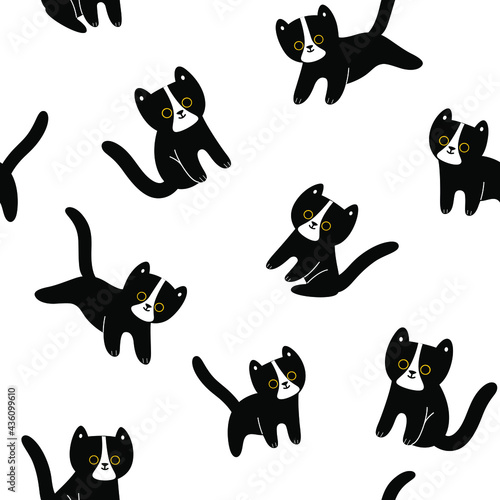 Cute cartoon cat character. Seamless pattern with black cat. Vector design print.
