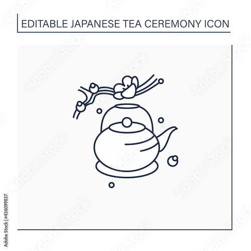 Japanese teapot line icon. Ancient kettle for tea ceremony and sakura twig. Trendy traditional teapot. Unique ritual. Tea ceremony concept.Isolated vector illustration.Editable stroke