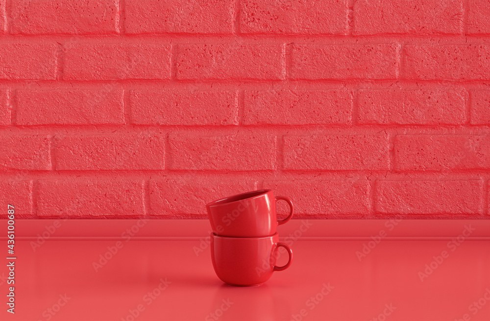 Two Vivid Red Color Coffee Mugs Stacked On Top Of Each Other On Flat