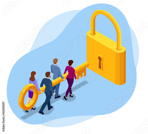 Isometric business people with key and clouds with keyholes. successful teamwork, cooperation in work on business project. Open the door lock.