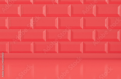 Monochrome flat red color empty close up kitchen counter with mosaic tessellated wall and marble front view countertop, 3d rendering © markOfshell
