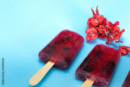 Homemade healthy blueberry ice popsicle on fresh blue background, summer design with copy space colorful bright colors