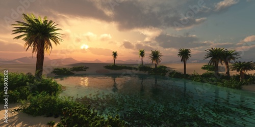 Oasis, reservoir in the desert, pond with palm trees among the sands, paradise, sunset in the desert of sand above the oasis with palm trees, 3D rendering