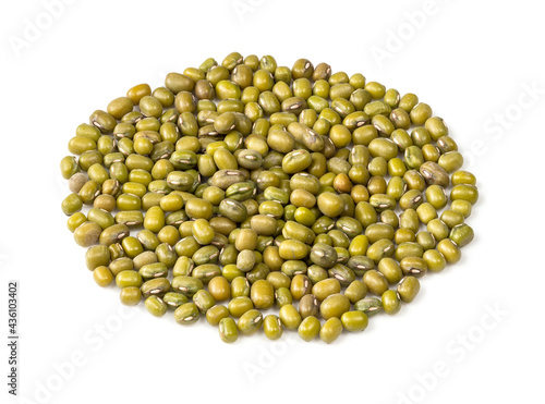 pile of green mung bean closeup on white