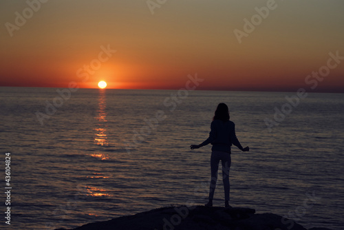 Beach mountains landscape sun sunset female silhouette