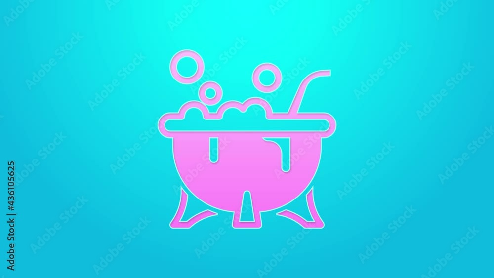 Pink line Halloween witch cauldron icon isolated on blue background. Happy Halloween party. 4K Video motion graphic animation Pink line Halloween witch cauldron icon isolated on blue background. Happy Halloween party. 4K Video motion graphic animation