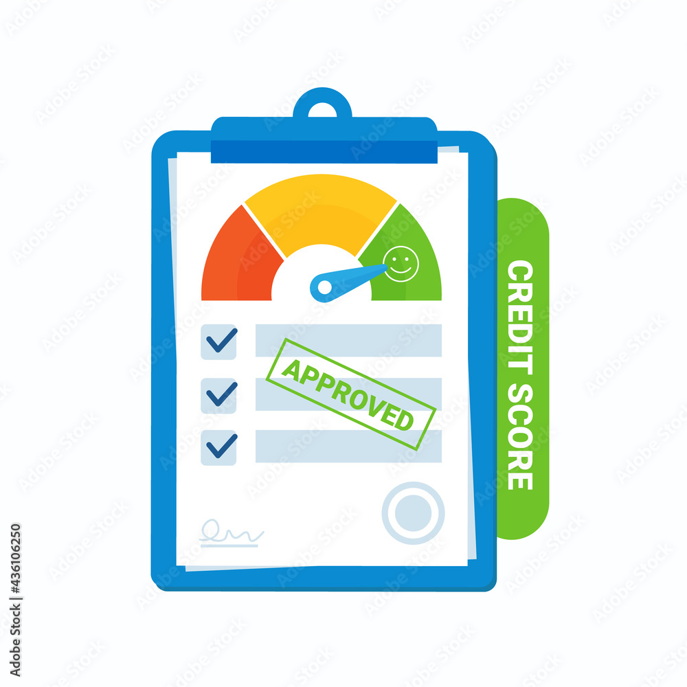 A credit score document. Good credit history index and approved seal. Vector illustration of a great rating indicator A credit score document. Good credit history index and approved seal. Vector illustration of a great rating indicator