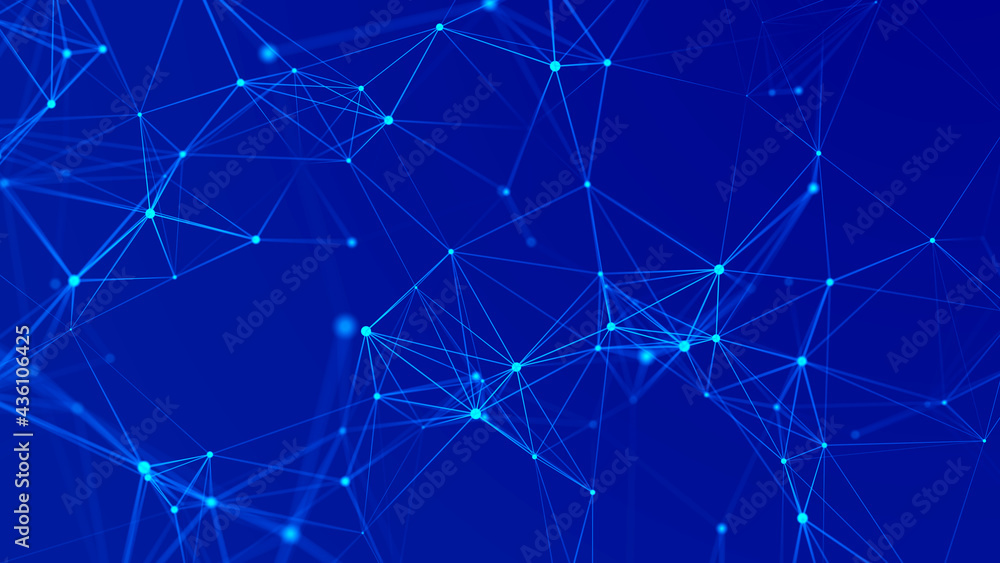 Abstract background with connecting dots and lines. Distribution of triangular shapes in space. Big data. Network connection structure. 3D Abstract background with connecting dots and lines. Distribution of triangular shapes in space. Big data. Network connection structure. 3D