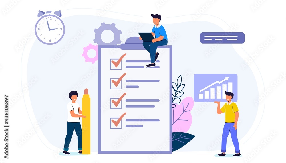 Check list with done mard Successful completion of business tasks Flat vector illustration Questionnaire survey for people to give answer Business organization and achievements of goals