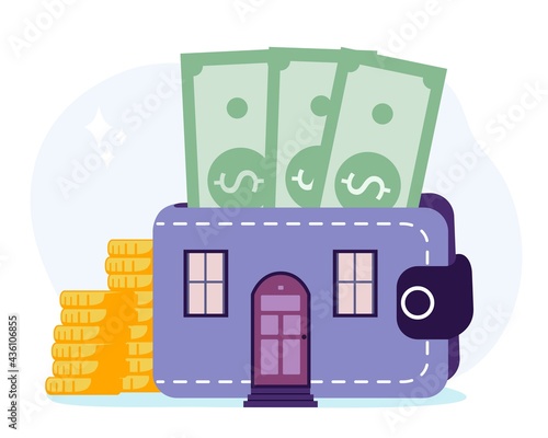 Household expenses Wallet with money coins House rental Buy real estate and pay credit to bank Mortgage loan Real estate investment Property purchase Home finance and budget Vector flat illustration