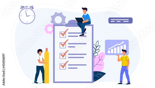 Check list with done mard Successful completion of business tasks Flat vector illustration Questionnaire survey for people to give answer Business organization and achievements of goals