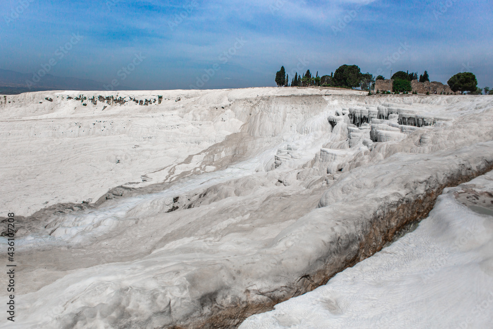 Carbonate mineral left by the flowing of thermal spring calcite-laden waters in Pamukkale