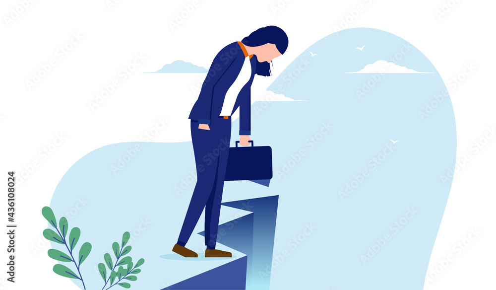 Businesswoman facing danger - Woman standing on edge of cliff looking down. Business crisis and adversity concept. Vector illustration with white background. Businesswoman facing danger - Woman standing on edge of cliff looking down. Business crisis and adversity concept. Vector illustration with white background.