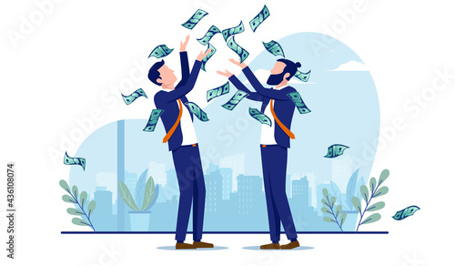 Two men making money in business - Businessmen throwing money in air celebrating financial success. Vector illustration with white background.