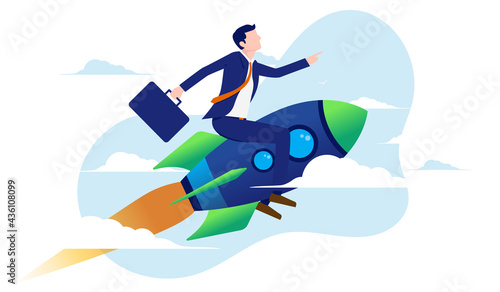 Quick success in business - Businessman on rocket flying and pointing the way forward. Business boost, startup growth and progress concept. Vector illustration with white background.