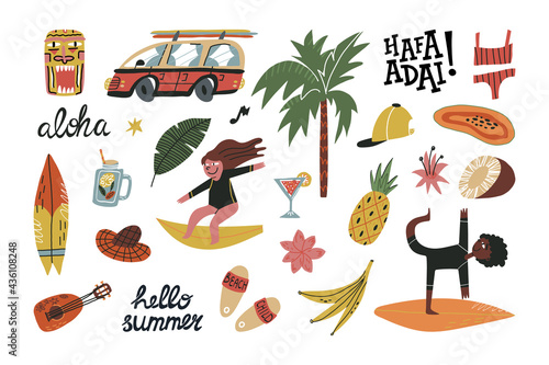 Cute summer on Hawaii or Guam Islands travel set. Retro bus with surfboards, palm tree, surfers, ukulele,funny lettering