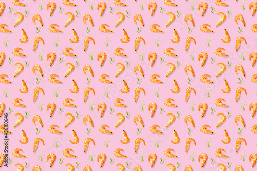 Tiger shrimp. Seafood background made from Prawns isolated on a pink backdrop. modern flat lay background from boiled shrimps  Seafood. not seamless pattern