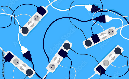 Extension sockets in clutter - Untidy electrical cables making a mess. Vector illustration on blue background.
