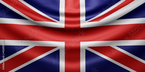 Hanging wavy national flag of Great Britain with texture. 3d render.