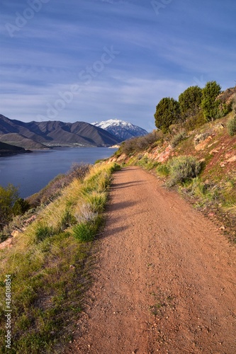 Deer Creek Reservoir Dam Trailhead hiking trail Panoramic Landscape views by Heber, Wasatch Front Rocky Mountains. Utah, United States, USA.
