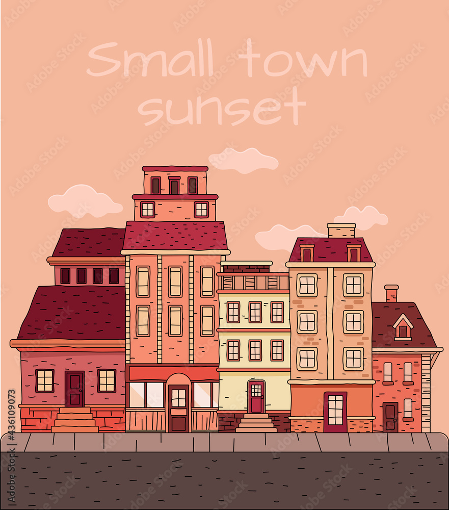 vector illustration of small town of bright colours with bold rough lines, orange colour scheme, sunset colour scheme