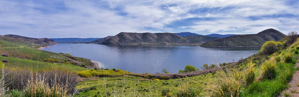 Deer Creek Reservoir Dam Trailhead hiking trail Panoramic Landscape views by Heber, Wasatch Front Rocky Mountains. Utah, United States, USA. Deer Creek Reservoir Dam Trailhead hiking trail Panoramic Landscape views by Heber, Wasatch Front Rocky Mountains. Utah, United States, USA.