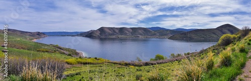 Deer Creek Reservoir Dam Trailhead hiking trail  Panoramic Landscape views by Heber, Wasatch Front Rocky Mountains. Utah, United States, USA.