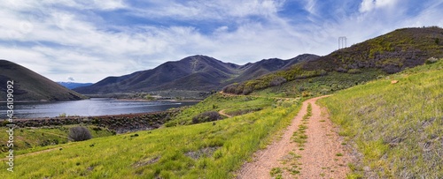 Deer Creek Reservoir Dam Trailhead hiking trail  Panoramic Landscape views by Heber, Wasatch Front Rocky Mountains. Utah, United States, USA. © Jeremy