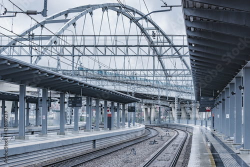 Passenger platforms of station at rainy day. © serjiob74