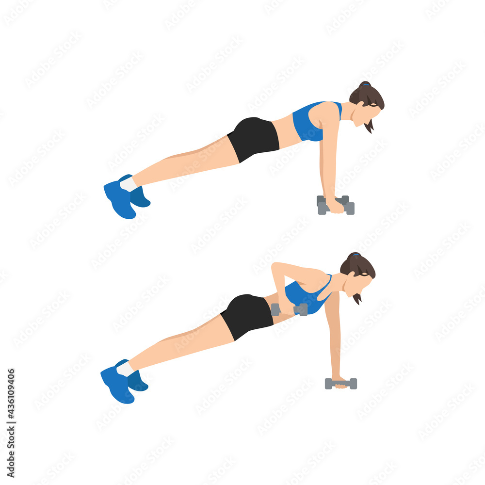 Woman doing Plank and Row or Renegade row exercise. Flat vector illustration isolated on white background Woman doing Plank and Row or Renegade row exercise. Flat vector illustration isolated on white background
