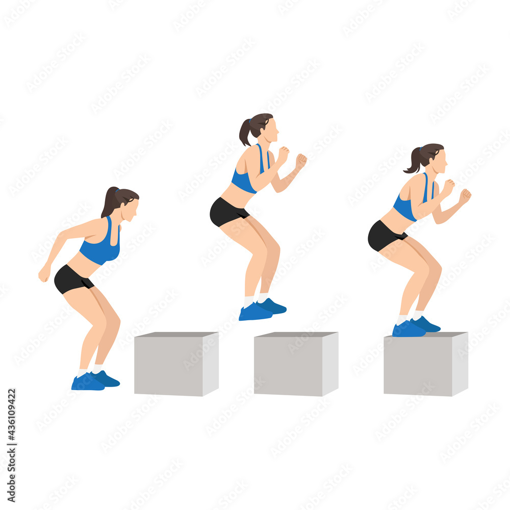 Woman doing High box jump exercise. Flat vector illustration isolated on  white background Stock Vector