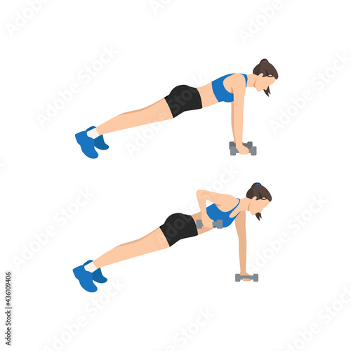 Woman doing Plank and Row or Renegade row exercise. Flat vector illustration isolated on white background