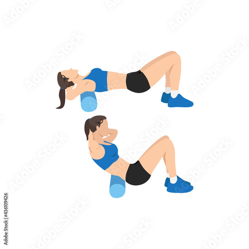 Woman doing Foam roller upper back stretch exercise. Flat vector illustration isolated on white background