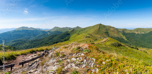 Fototapeta Naklejka Na Ścianę i Meble -  Panorama from the Rozsypaniec summit to the peaks of Tarnica, Halicz, Bukowe Berdko, Krzemien, Polonina Carynska, Kopa Bukowska, Bieszczady Mountains, Wołosate