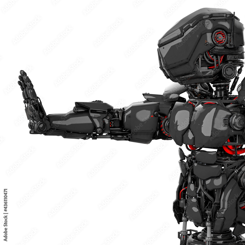 mega robot is saying stop there in white background side view mega robot is saying stop there in white background side view