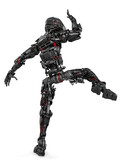 mega robotin is doing some kung fu fighting on white background rear view